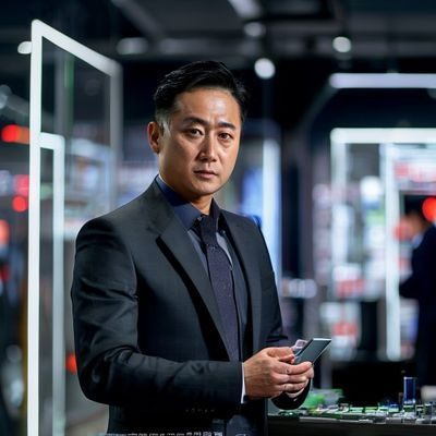 艳母的荒唐赌约产品总监刘承远，男性，专业照，面带专注神情，背景为产品原型展示区，体现其在数字产品设计领域的专业素养